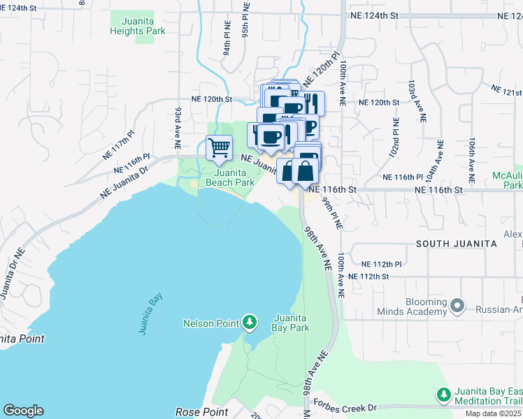 map of restaurants, bars, coffee shops, grocery stores, and more near 9727 Northeast Juanita Drive in Kirkland