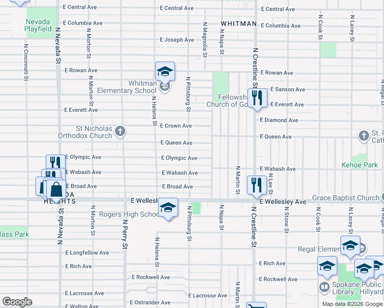 map of restaurants, bars, coffee shops, grocery stores, and more near 1703 East Olympic Avenue in Spokane
