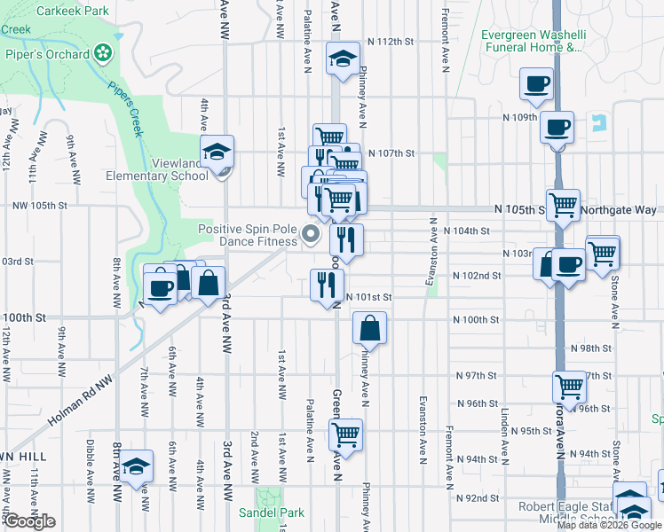 map of restaurants, bars, coffee shops, grocery stores, and more near in Seattle