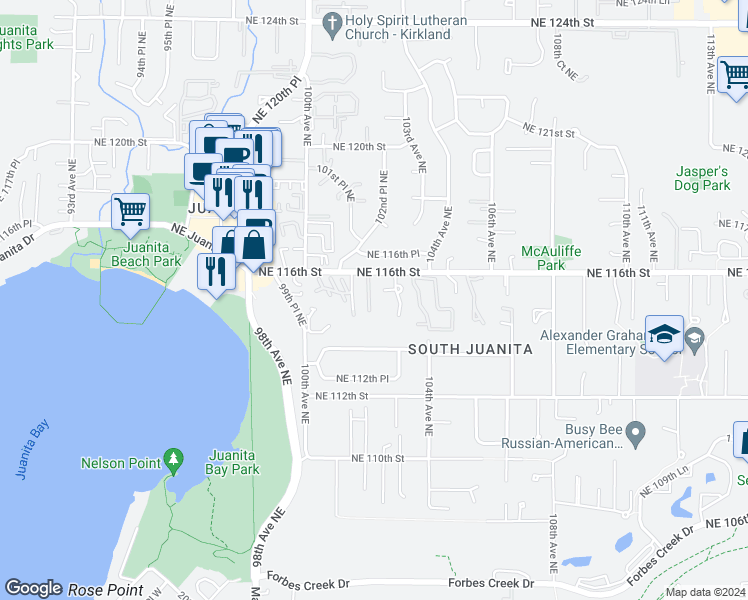 map of restaurants, bars, coffee shops, grocery stores, and more near 10121 Northeast 115th Lane in Kirkland