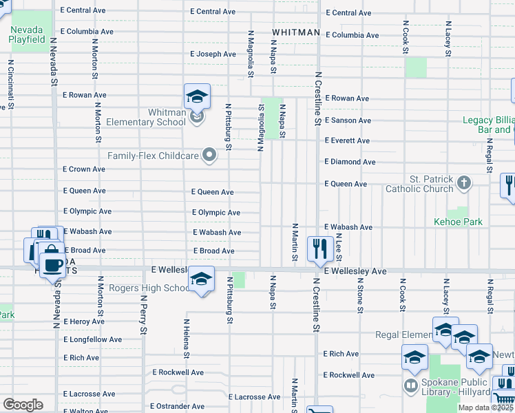 map of restaurants, bars, coffee shops, grocery stores, and more near 1739 East Olympic Avenue in Spokane