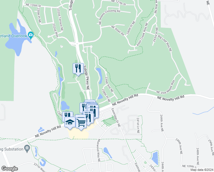 map of restaurants, bars, coffee shops, grocery stores, and more near 11749 239th Avenue Northeast in Redmond