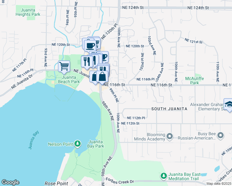 map of restaurants, bars, coffee shops, grocery stores, and more near 11438 99th Place Northeast in Kirkland