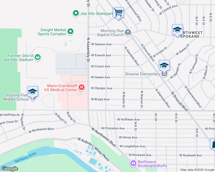 map of restaurants, bars, coffee shops, grocery stores, and more near 4130 West Olympic Avenue in Spokane