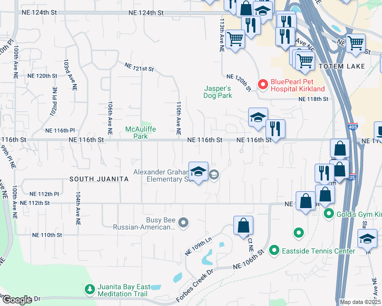 map of restaurants, bars, coffee shops, grocery stores, and more near 11505 111th Place Northeast in Kirkland