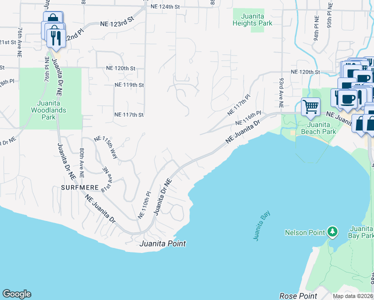 map of restaurants, bars, coffee shops, grocery stores, and more near 8630 Northeast Juanita Drive in Kirkland