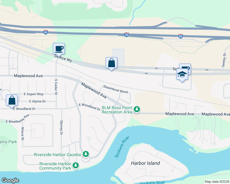 map of restaurants, bars, coffee shops, grocery stores, and more near 5460 Steamboat Bend in Post Falls