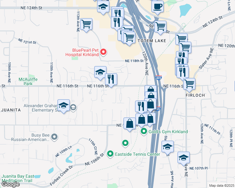 map of restaurants, bars, coffee shops, grocery stores, and more near 11521 117th Lane Northeast in Kirkland