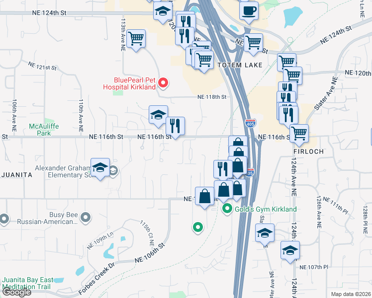 map of restaurants, bars, coffee shops, grocery stores, and more near 11521 117th Lane Northeast in Kirkland