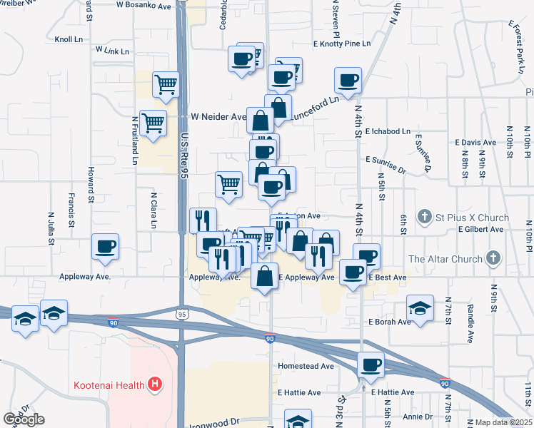 map of restaurants, bars, coffee shops, grocery stores, and more near 2923 North Government Way in Coeur d'Alene