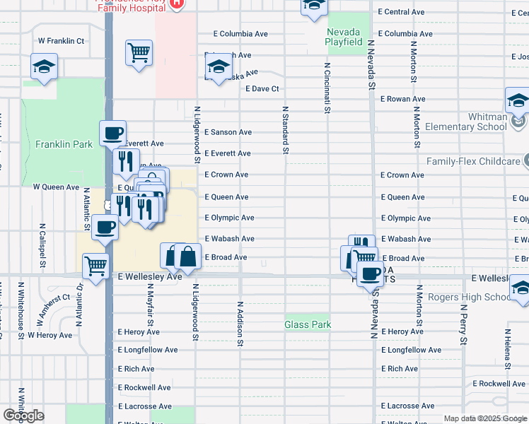 map of restaurants, bars, coffee shops, grocery stores, and more near 528 East Olympic Avenue in Spokane