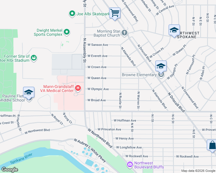 map of restaurants, bars, coffee shops, grocery stores, and more near 4130 West Olympic Avenue in Spokane