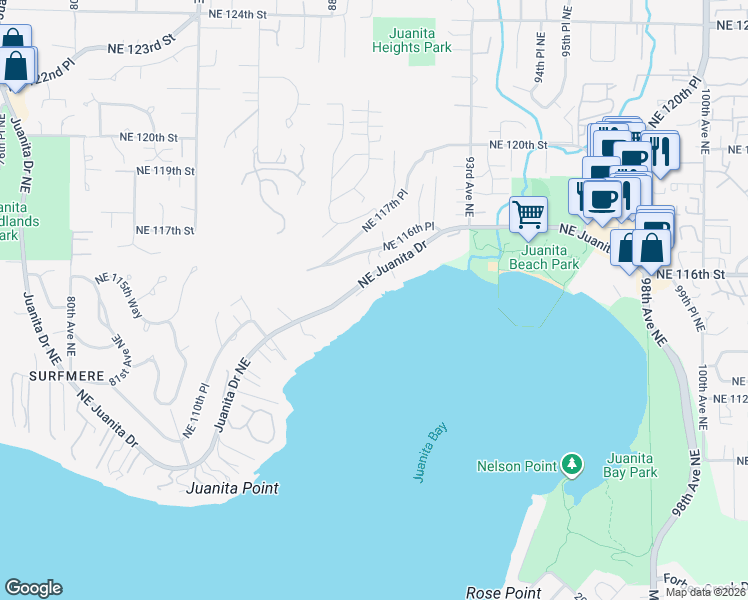 map of restaurants, bars, coffee shops, grocery stores, and more near 8859 Northeast Juanita Lane in Kirkland