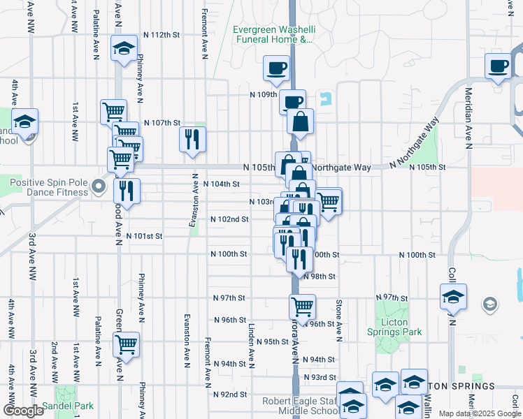 map of restaurants, bars, coffee shops, grocery stores, and more near 934 North 102nd Street in Seattle