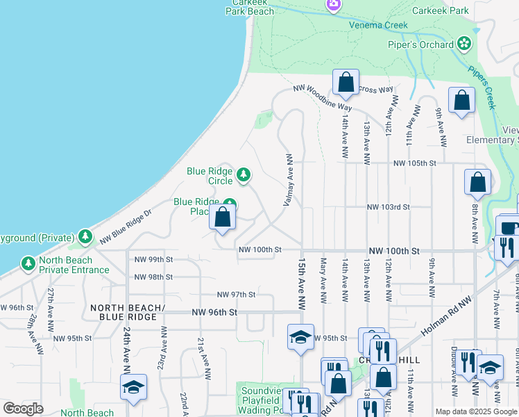 map of restaurants, bars, coffee shops, grocery stores, and more near 1602 Northwest Blue Ridge Drive in Seattle