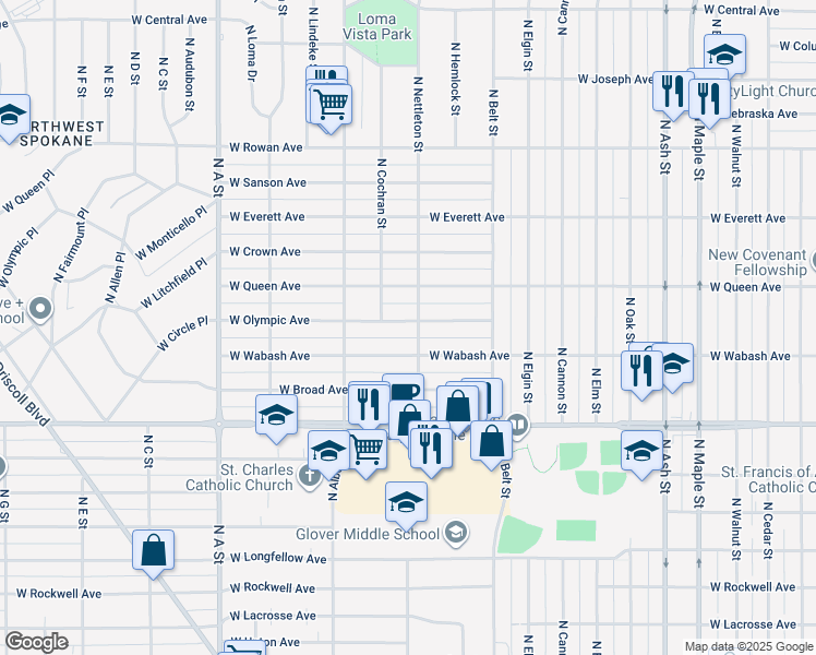 map of restaurants, bars, coffee shops, grocery stores, and more near 2407 West Olympic Avenue in Spokane