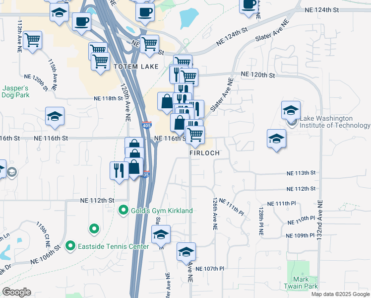 map of restaurants, bars, coffee shops, grocery stores, and more near 12340 Northeast 115th Place in Kirkland