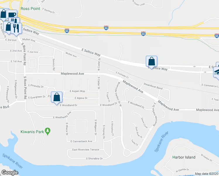 map of restaurants, bars, coffee shops, grocery stores, and more near 203 South Aerie Court in Post Falls