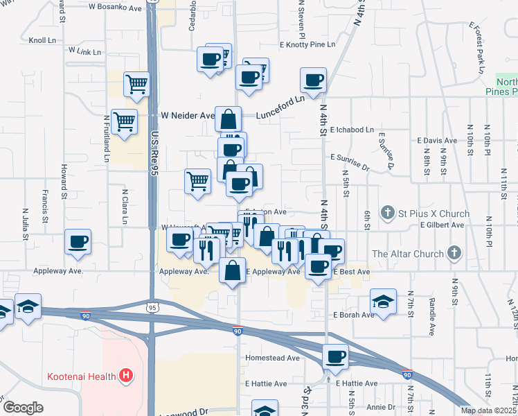 map of restaurants, bars, coffee shops, grocery stores, and more near 115 East Anton Avenue in Coeur d'Alene