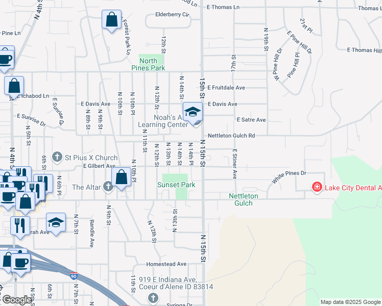map of restaurants, bars, coffee shops, grocery stores, and more near 2810 North 14th Place in Coeur d'Alene
