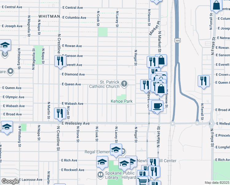 map of restaurants, bars, coffee shops, grocery stores, and more near 4903 North Nelson Street in Spokane