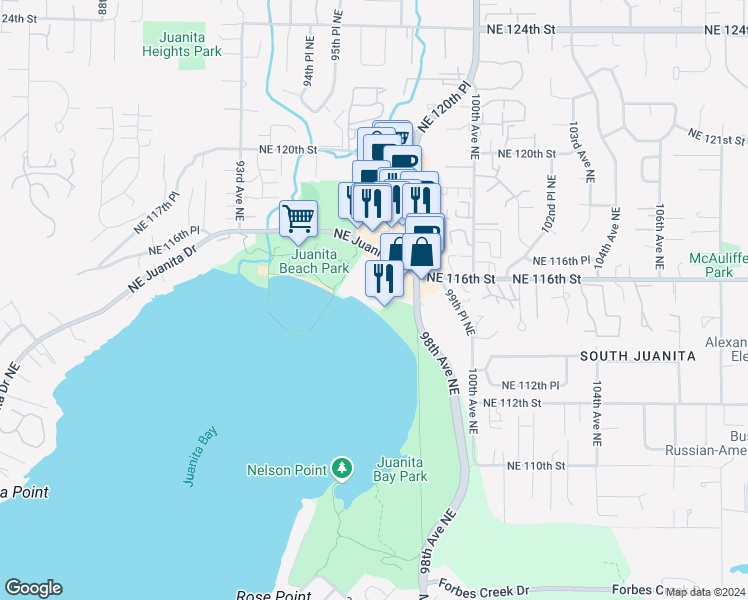 map of restaurants, bars, coffee shops, grocery stores, and more near 9727 Northeast Juanita Drive in Kirkland