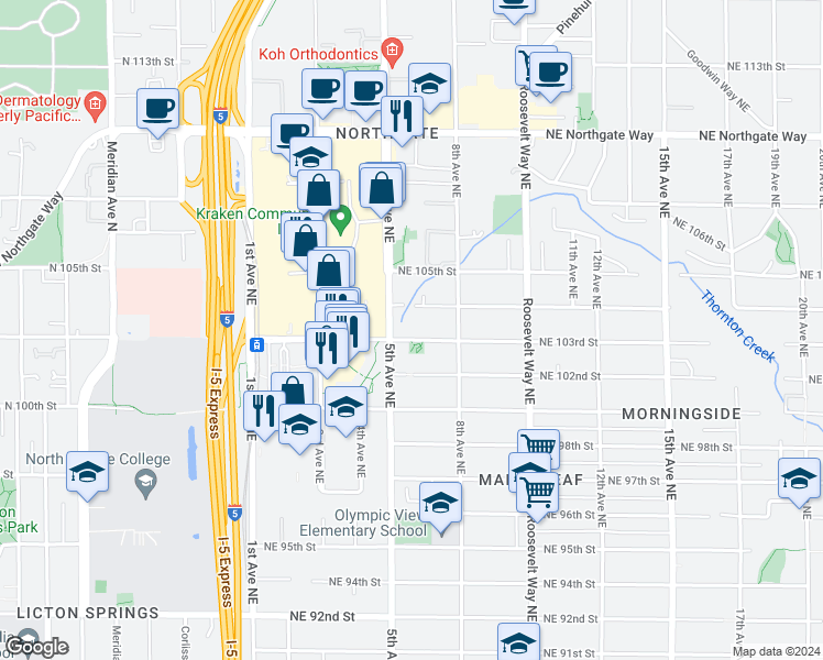 map of restaurants, bars, coffee shops, grocery stores, and more near 529 Northeast 103rd Street in Seattle