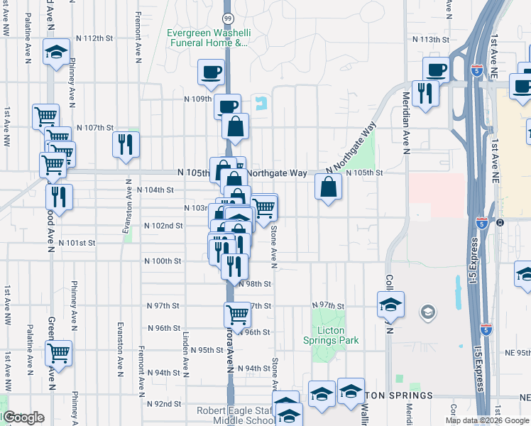 map of restaurants, bars, coffee shops, grocery stores, and more near 10008 Aurora Avenue North in Seattle