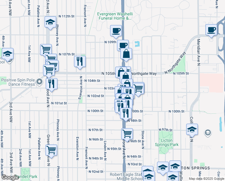 map of restaurants, bars, coffee shops, grocery stores, and more near 934 North 102nd Street in Seattle