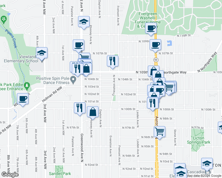 map of restaurants, bars, coffee shops, grocery stores, and more near 10202 Evanston Avenue North in Seattle