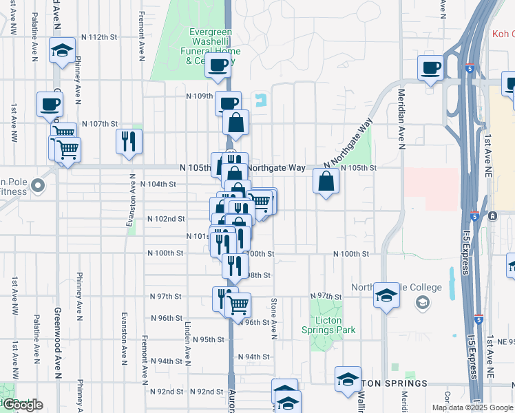 map of restaurants, bars, coffee shops, grocery stores, and more near 10302 Midvale Avenue North in Seattle