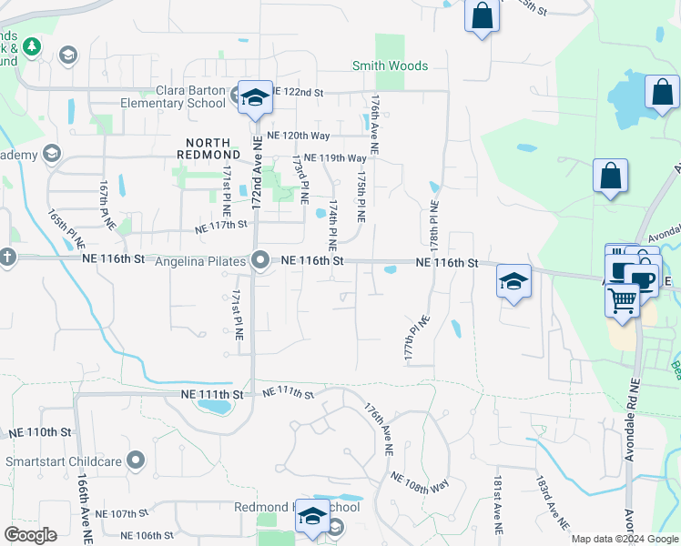 map of restaurants, bars, coffee shops, grocery stores, and more near 11586 174th Court Northeast in Redmond