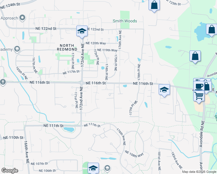 map of restaurants, bars, coffee shops, grocery stores, and more near 11586 174th Court Northeast in Redmond
