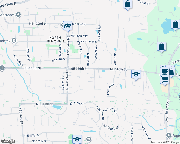 map of restaurants, bars, coffee shops, grocery stores, and more near 11586 174th Court Northeast in Redmond