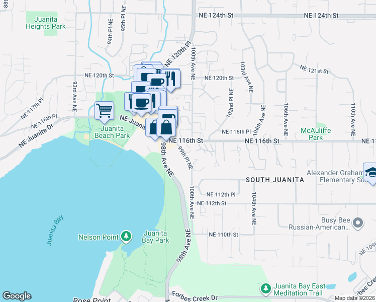 map of restaurants, bars, coffee shops, grocery stores, and more near 11438 99th Place Northeast in Kirkland