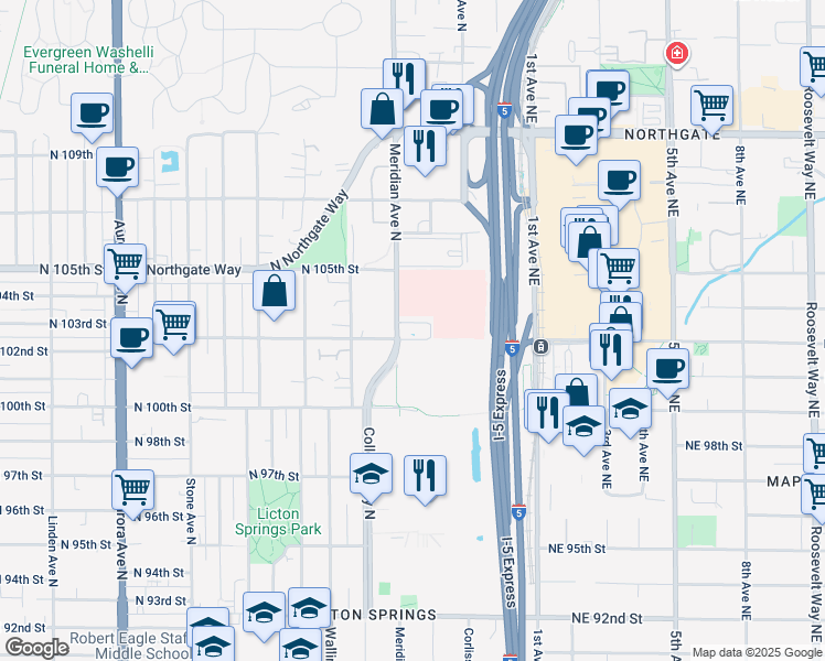 map of restaurants, bars, coffee shops, grocery stores, and more near 10306 Meridian Avenue North in Seattle