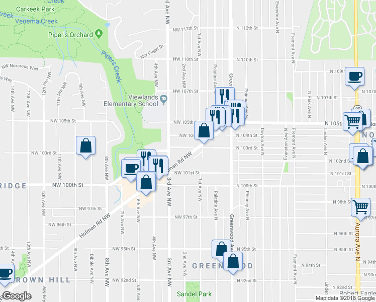 map of restaurants, bars, coffee shops, grocery stores, and more near 10147 Holman Road Northwest in Seattle
