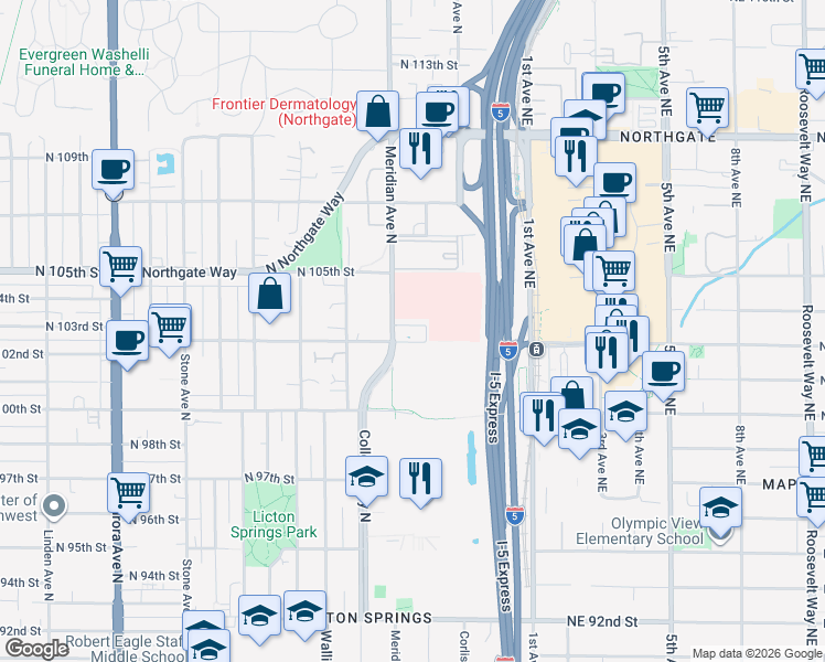 map of restaurants, bars, coffee shops, grocery stores, and more near 10306 Meridian Avenue North in Seattle