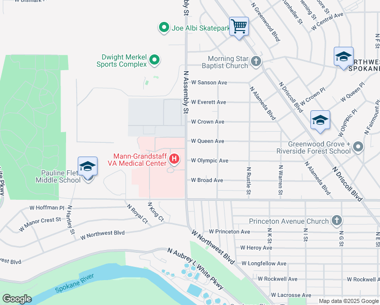 map of restaurants, bars, coffee shops, grocery stores, and more near 4322 West Olympic Avenue in Spokane