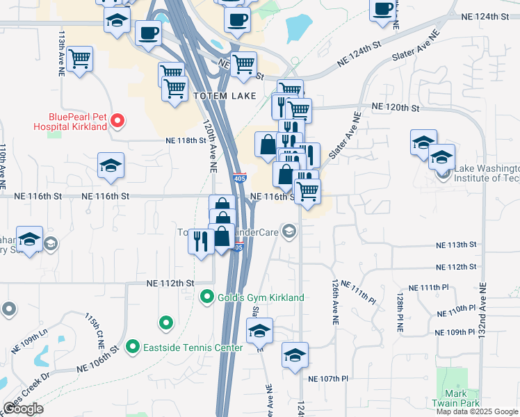 map of restaurants, bars, coffee shops, grocery stores, and more near 12223 Northeast 116th Street in Kirkland