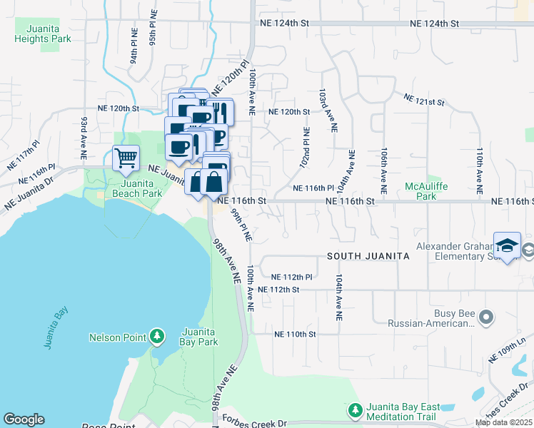 map of restaurants, bars, coffee shops, grocery stores, and more near 10037 Northeast 115th Lane in Kirkland