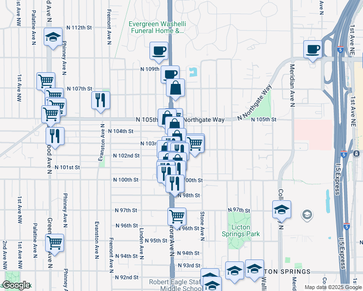 map of restaurants, bars, coffee shops, grocery stores, and more near in Seattle