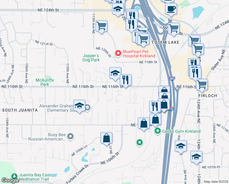 map of restaurants, bars, coffee shops, grocery stores, and more near 11419 Northeast 115th Court in Kirkland