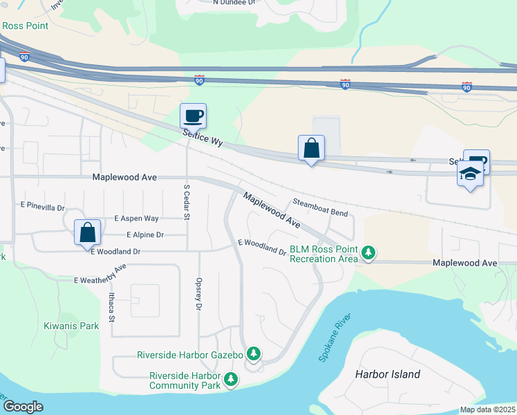 map of restaurants, bars, coffee shops, grocery stores, and more near 106 Harbor Park Court in Post Falls