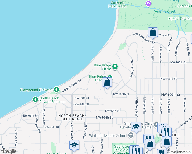 map of restaurants, bars, coffee shops, grocery stores, and more near Northwest Blue Ridge Drive in Seattle