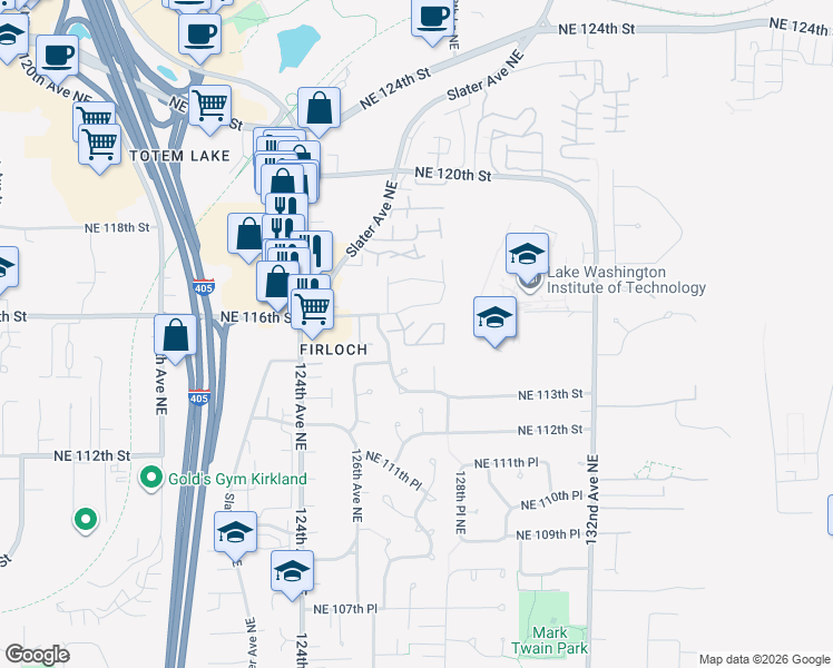 map of restaurants, bars, coffee shops, grocery stores, and more near 11416 127th Avenue Northeast in Kirkland