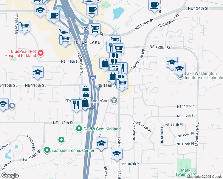 map of restaurants, bars, coffee shops, grocery stores, and more near 12340 Northeast 115th Place in Kirkland