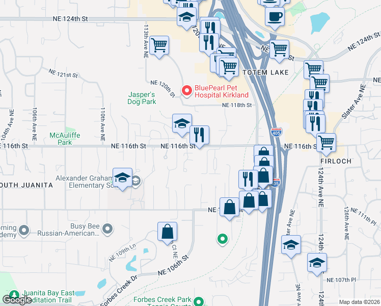 map of restaurants, bars, coffee shops, grocery stores, and more near 11416 115th Lane Northeast in Kirkland