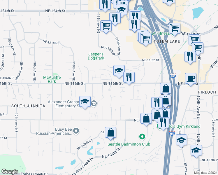 map of restaurants, bars, coffee shops, grocery stores, and more near 11421 Northeast 116th Street in Kirkland