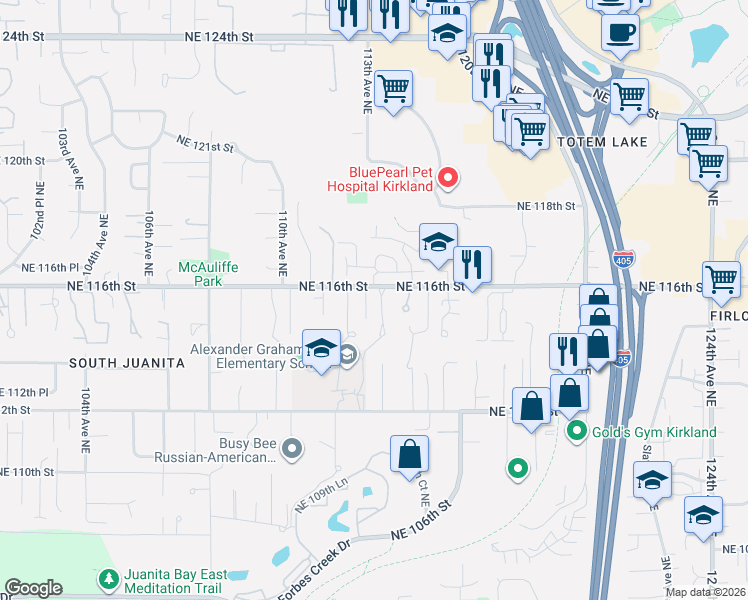 map of restaurants, bars, coffee shops, grocery stores, and more near 11431 113th Place Northeast in Kirkland